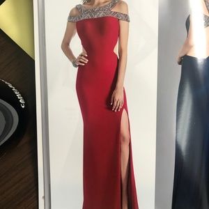 Red off the shoulder beaded gown 18021